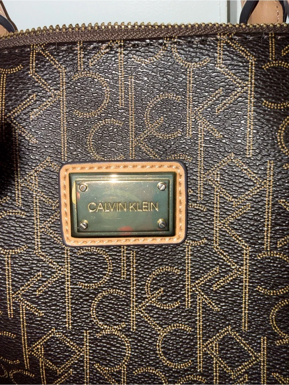 Calvin Klein Dark Brown Monogram Dome Satchel with Tan Handles